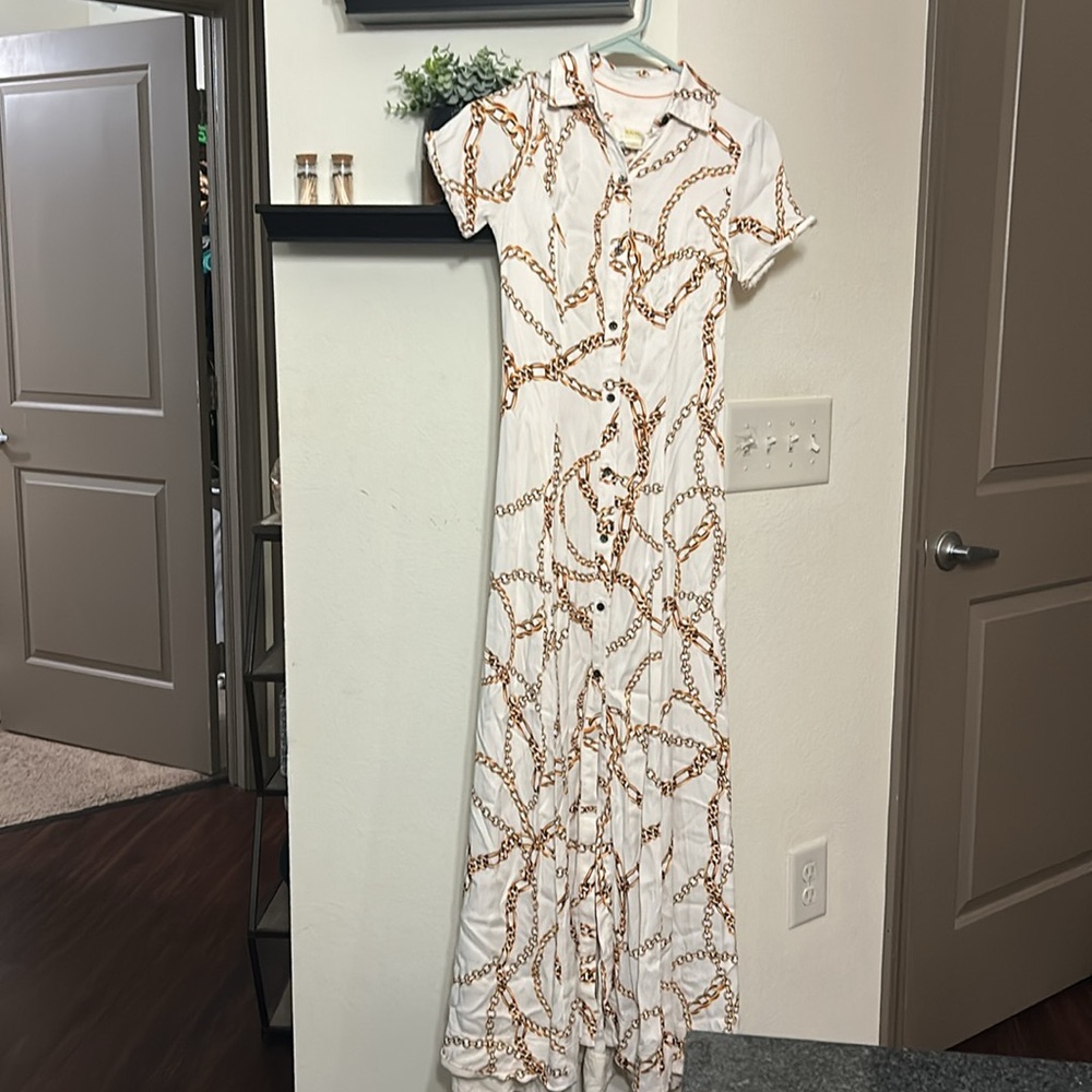 Maeve Anthropologie Printed Chain Maxi Shirt Dress White Short Bell Sleeves - Picture 6 of 6